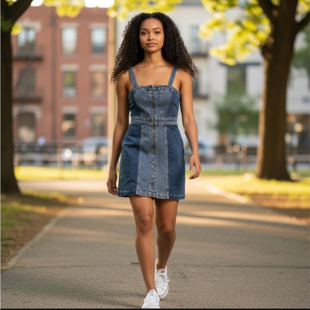 Denim Mini Dress with a zip front and patchwork design